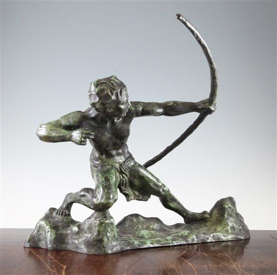 A Continental Art Deco green patinated bronze model of a male archer, 15.75in.